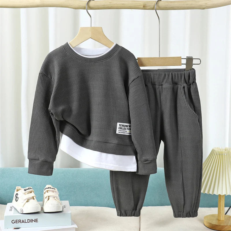 Conjuntos informales de gofres para niños y niñas, Trajes clásicos de manga larga, Top + Pantalones de moda, trajes de 2 piezas, otoño y primavera
