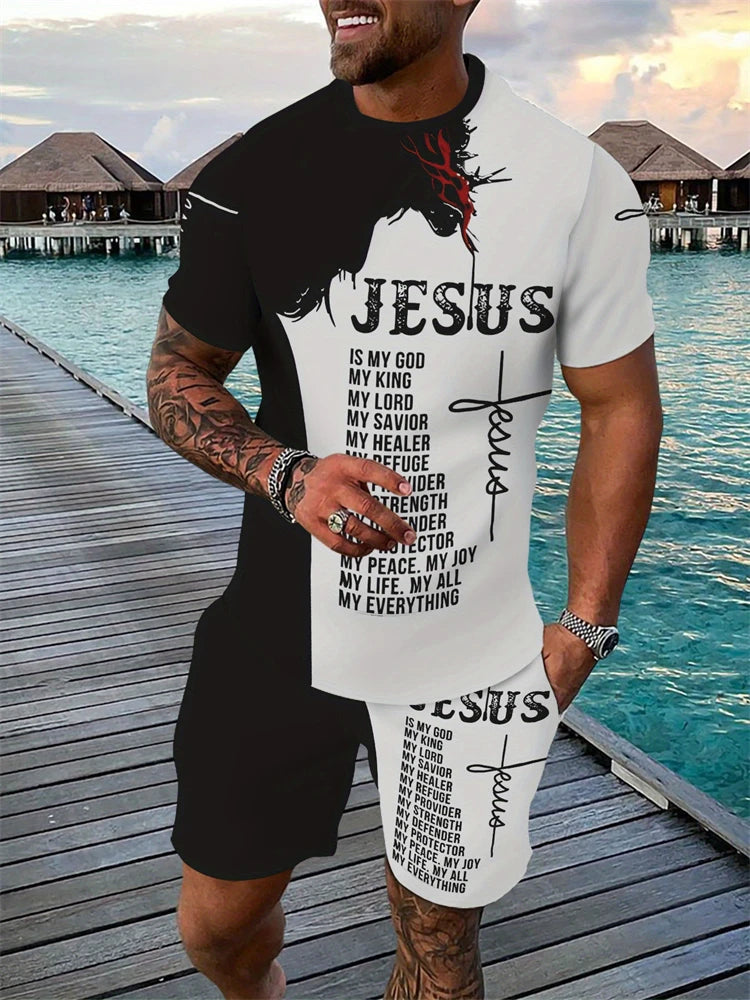 Conjunto de dos piezas de verano para hombre, camiseta de manga corta con cuello redondo y pantalones cortos con cordón, estampado 3D de León Animal, conjunto atlético transpirable para exteriores