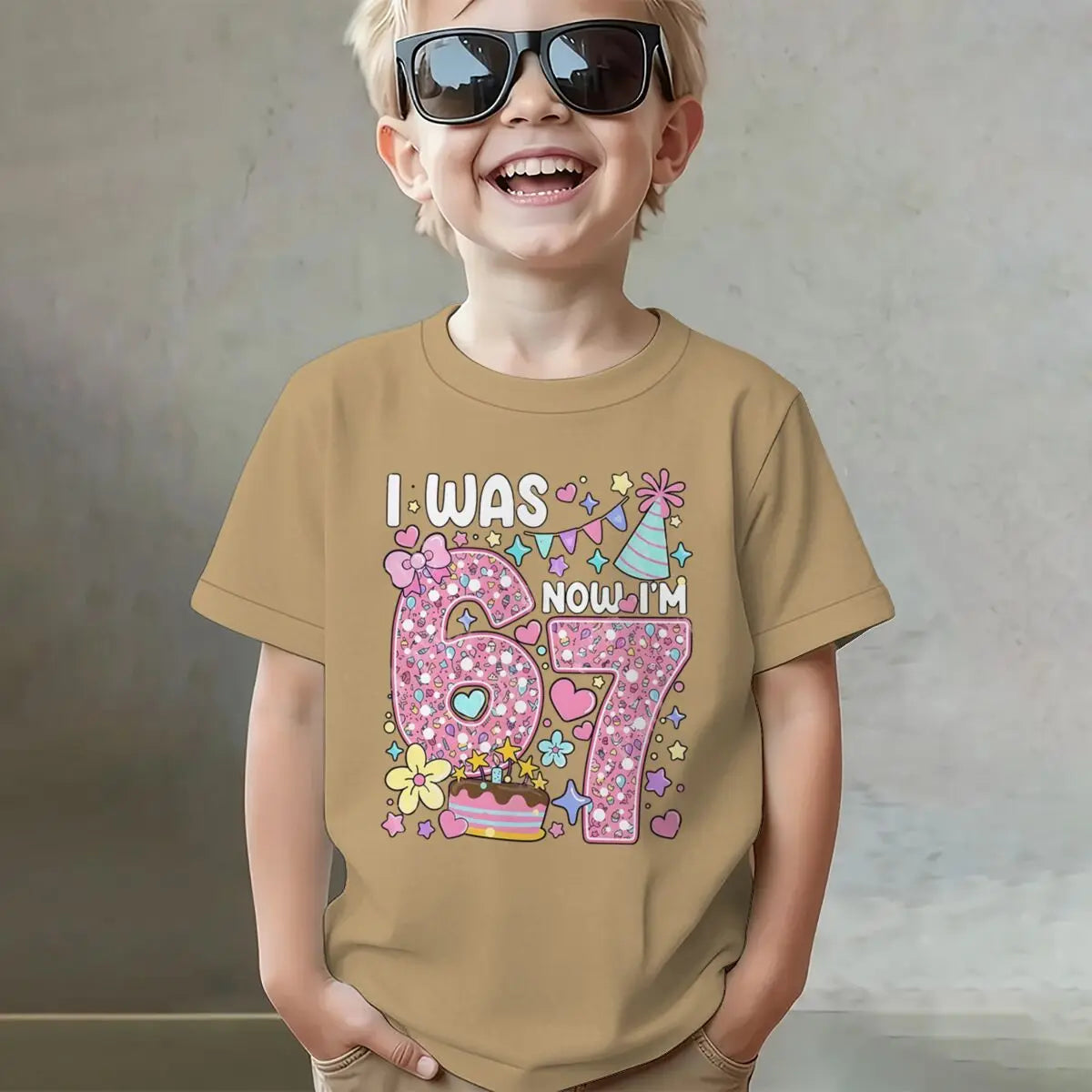Camiseta para niñas con estampado de números, de algodón, de manga corta y cuello redondo, para el séptimo cumpleaños, con la frase 'I Was 6 Now I'm 7', para niñas de 7 años