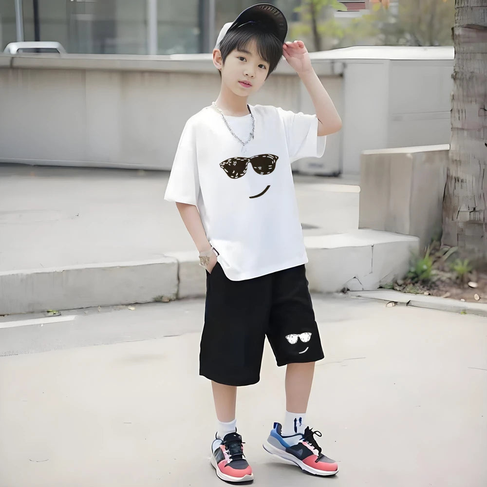 Camiseta de verano para niños de 3 a 12 años, conjunto de camiseta blanca y pantalones cortos, 2 uds., conjunto fresco y refrescante de manga corta con estampado para niños