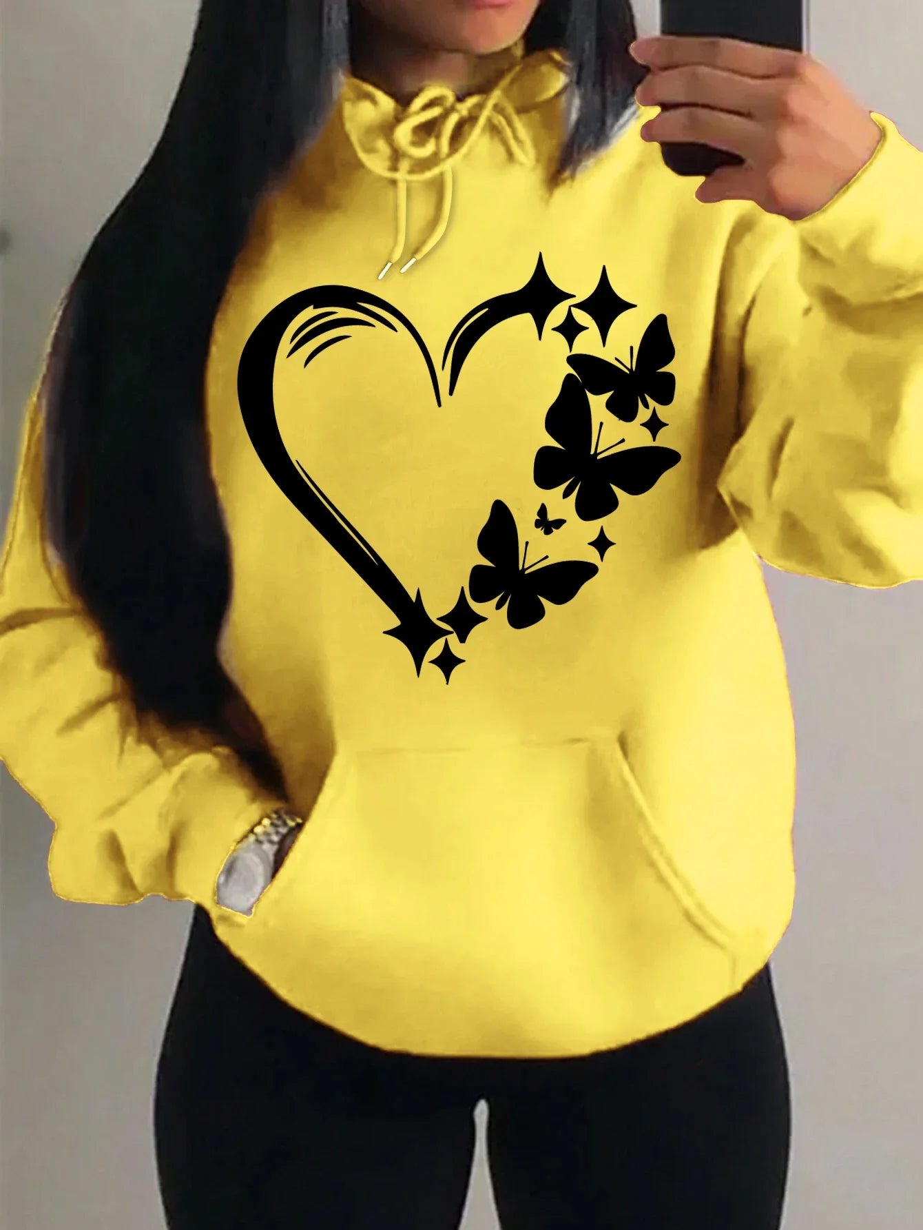 Sudadera con capucha con estampado de amor y mariposa para mujer, moda urbana de Hip Hop, ropa de bolsillo, Sudadera con capucha Retro multicolor