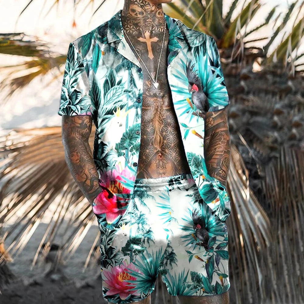 Conjunto Hawaiano 3D Étnico Retro Hombre | Camisa Flores + Pantalón Corto