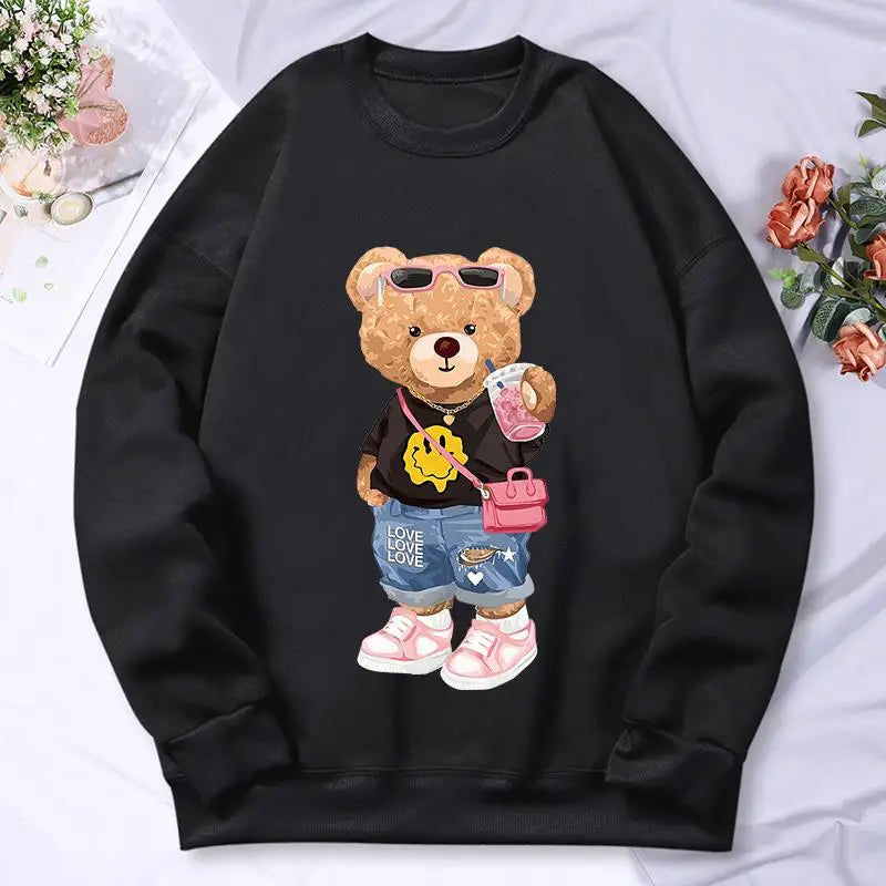 Sudadera con capucha con estampado de Bear Sister para mujer, ropa de lana cálida, informal, Hip Hop, jerséis sueltos, Top de otoño