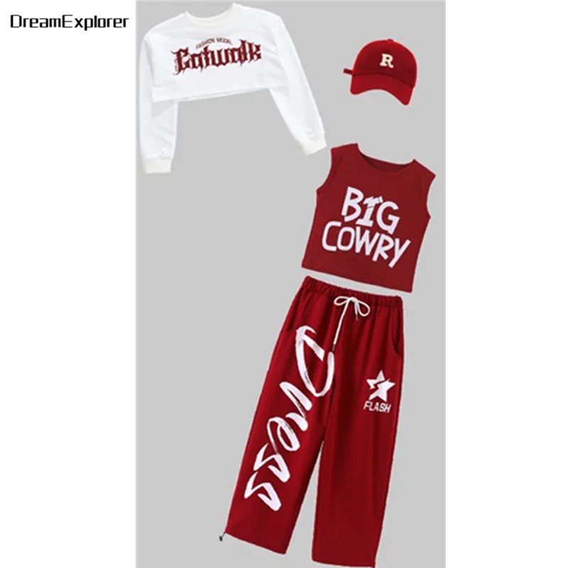 Top corto k-pop para niñas, pantalones deportivos con letras a la moda, conjuntos de ropa de grupo para niñas, ropa informal estilo Hip Hop, disfraces de Jazz para niños