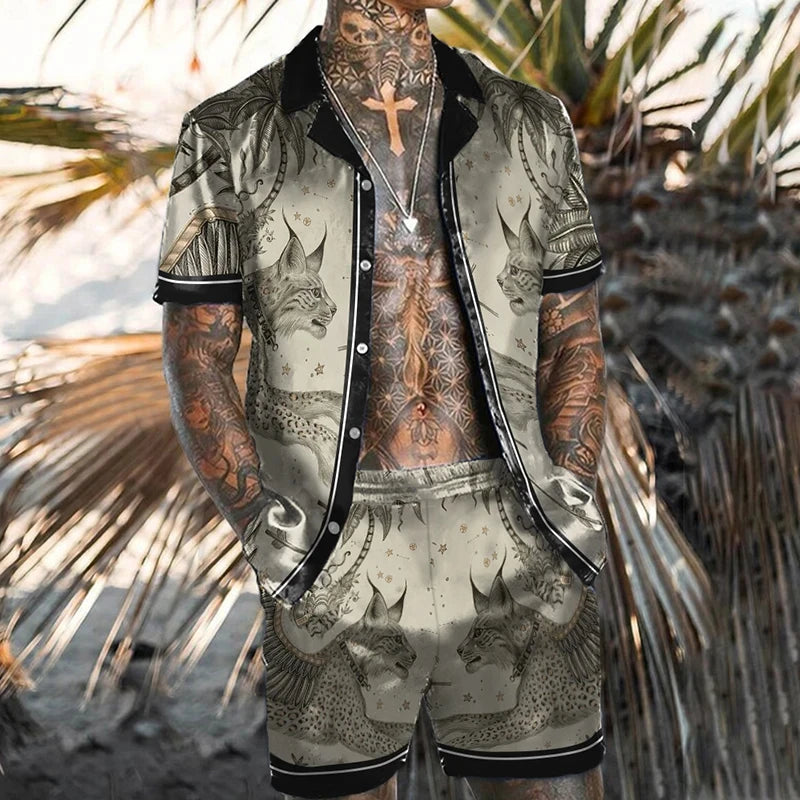 Conjunto de camisa para hombre con estampado 3D de estilo étnico, pantalones cortos de playa de manga corta con flores Retro, conjunto informal hawaiano de 2 piezas, ropa de calle de verano