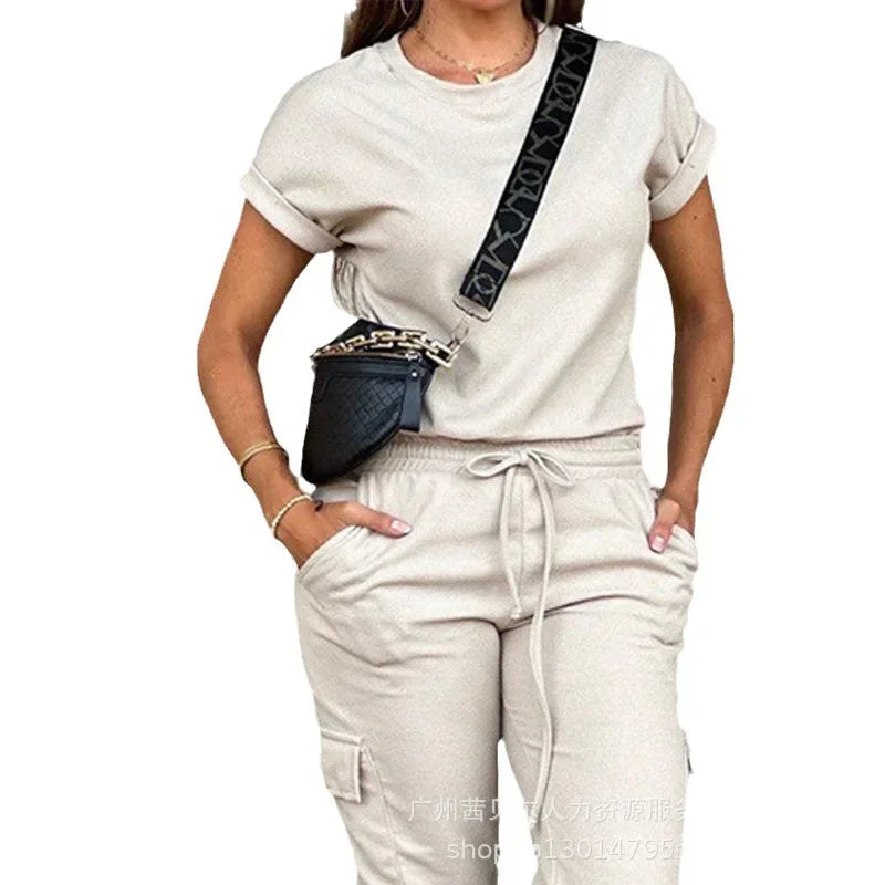 Conjunto de Ropa para Mujer, Color Sólido, Cuello Redondo, Camiseta de Manga Corta, Pantalones Cargo con Múltiples Bolsillos