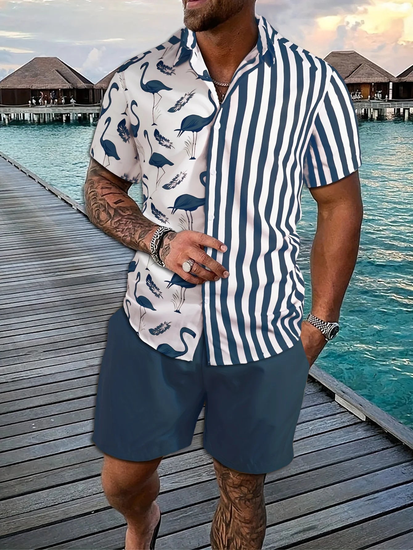 Conjunto Hawaiano Hombre – Camisa Manga Corta y Pantalón Corto de Playa