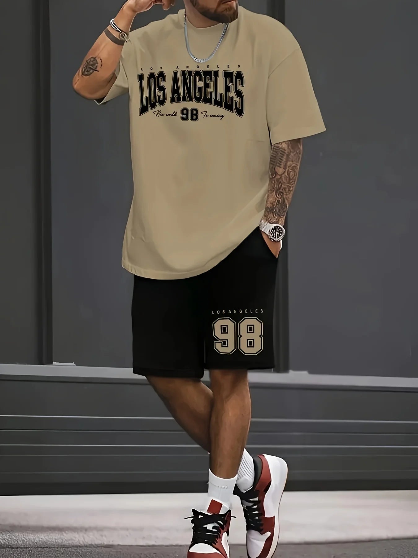 Conjunto relajado con temática Chicago de verano para hombre, conjunto de camiseta y pantalones cortos estampados talla 32, conjunto deportivo informal de dos piezas de talla grande para adultos