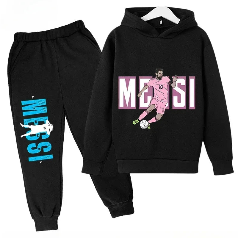 Conjunto deportivo para niños de primavera y otoño, traje con capucha y pantalones con estampado de Messi, conjunto de 2 uds., ropa para niños y niñas, chándal informal de moda