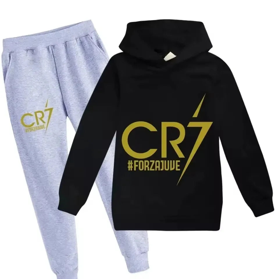 Conjunto de Sudadera con Capucha y Pantalones con Estampado de Fútbol CR7 para Niños de 3 a 12 Años, Primavera-Otoño, 2 Piezas, Conjunto Infantil, Trajes de Pantalones, Ropa para Niños