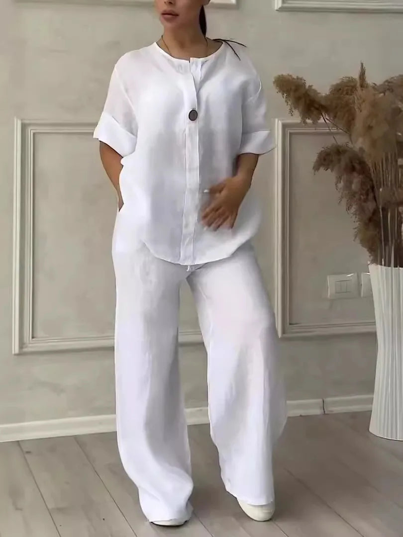 Conjuntos de lino y algodón, dos piezas, venta informal, manga larga, blusa holgada con botones, camisa y pantalones sueltos de pierna ancha de alta elasticidad, trajes NMD-3021