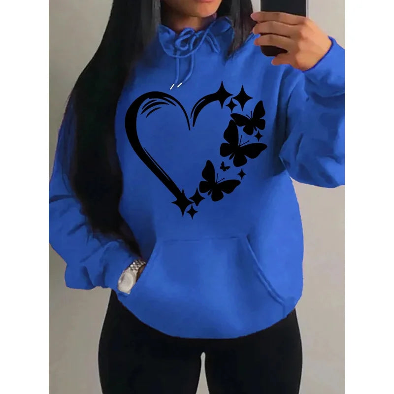 Sudadera con capucha con estampado de amor y mariposa para mujer, moda urbana de Hip Hop, ropa de bolsillo, Sudadera con capucha Retro multicolor