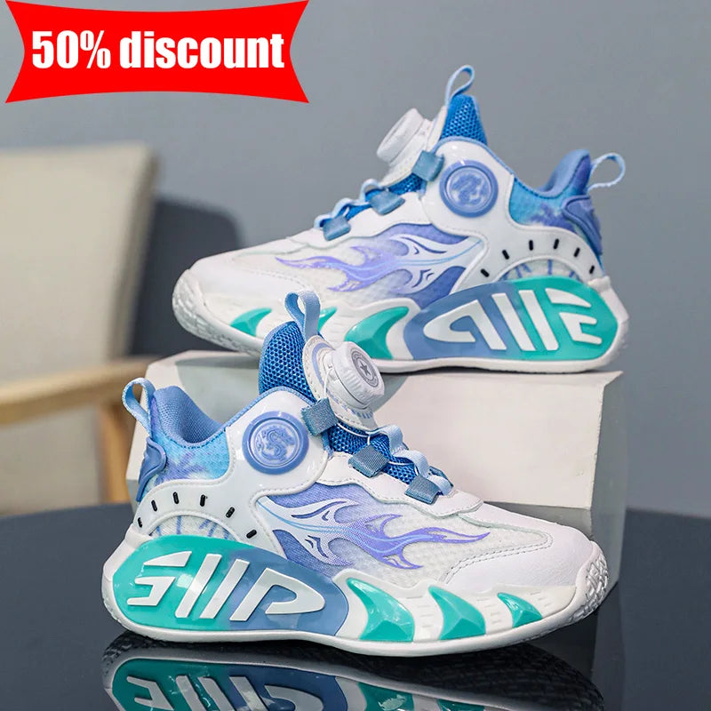 Zapatos Deportivos para Niños, Nuevos Zapatos de Baloncesto con Hebilla de Perilla, Antideslizantes, Resistentes al Desgaste, Transpirables, de Malla Deportiva, para Caminar