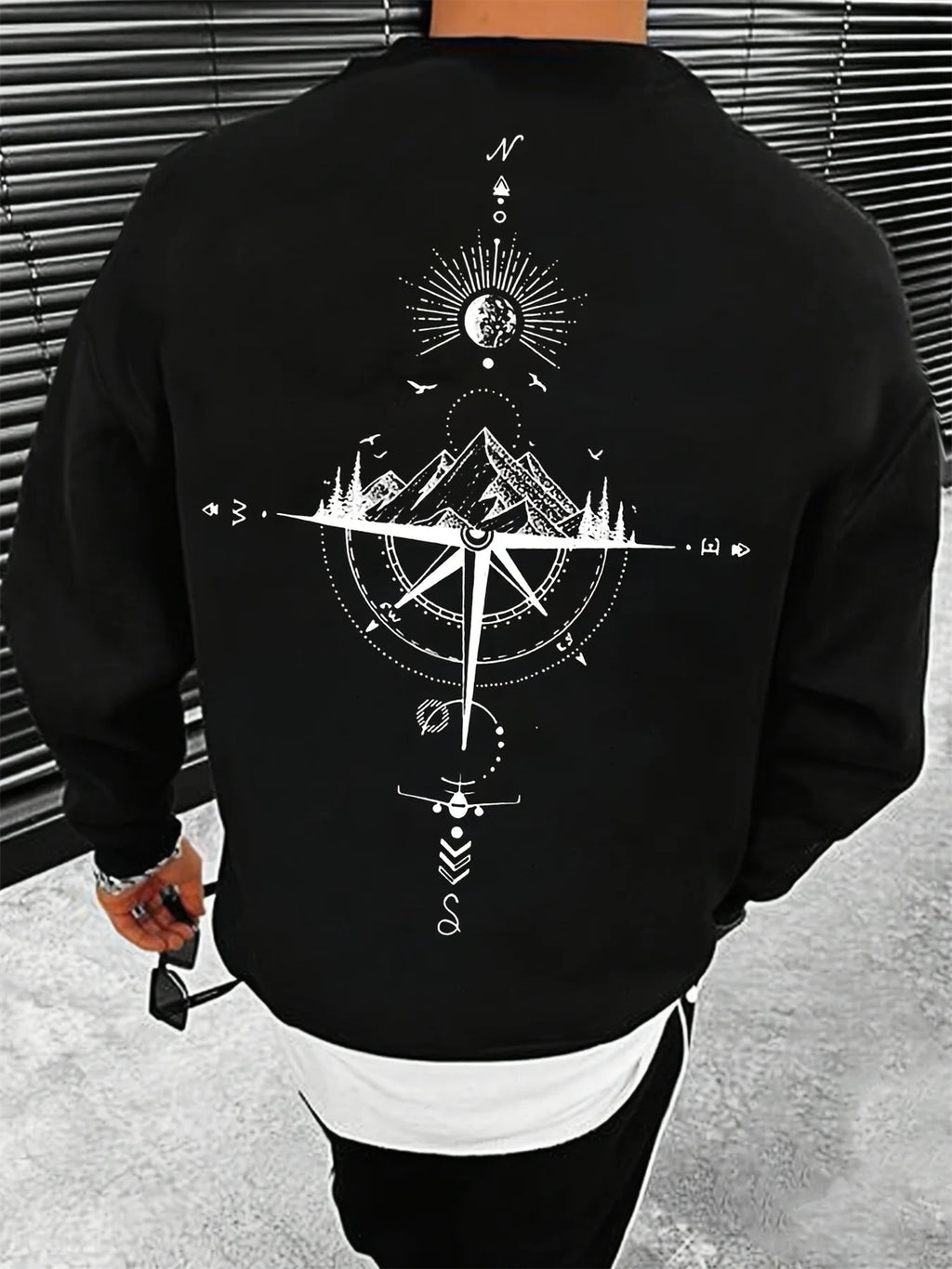 Sudadera holgada informal de otoño e invierno para hombre, sudadera clásica de manga larga con estampado geométrico de montaña y color beige a la moda