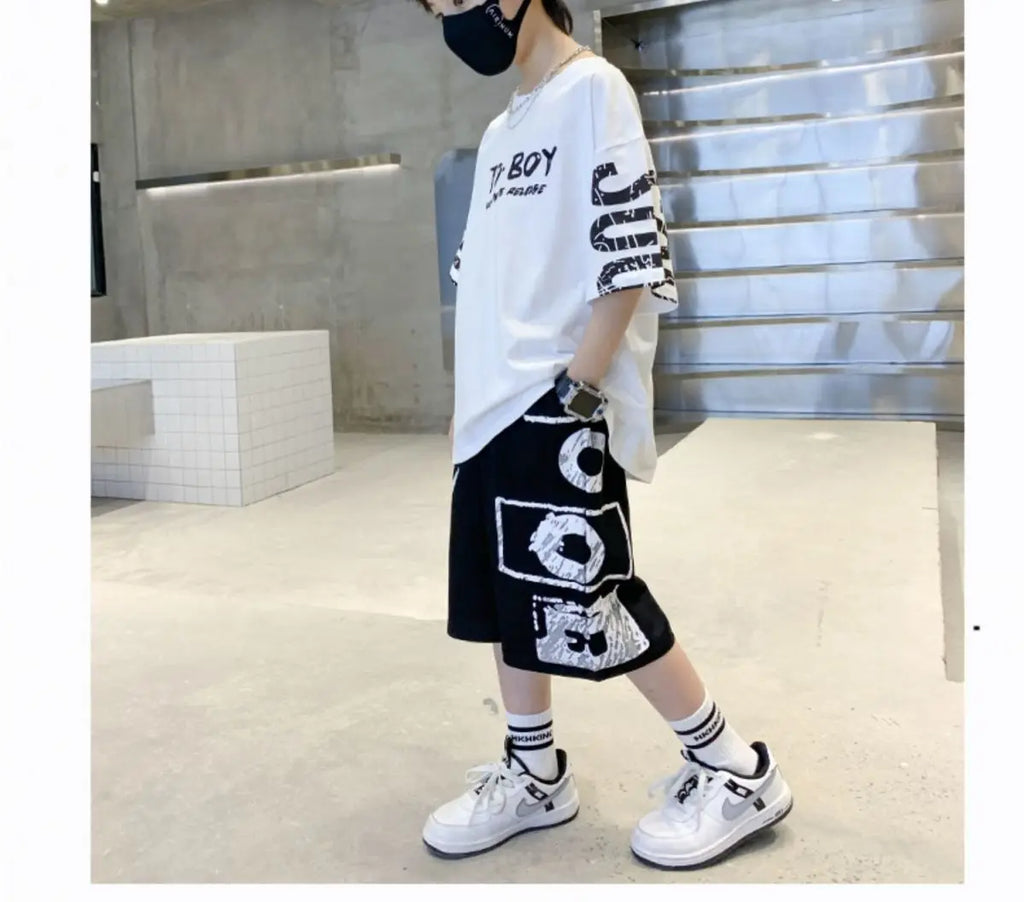 Conjunto de ropa deportiva informal para niños, camisetas de 2 piezas y pantalones, trajes de 3 a 14 años, estilo Hip Hop, moda de verano