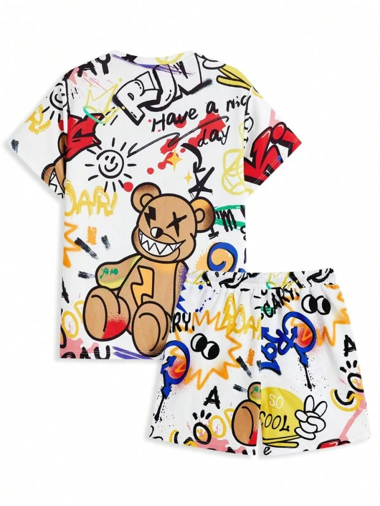 2025 nuevo conjunto de pantalones cortos de manga corta para hombre de verano, pantalones cortos de playa al aire libre para hombre, conjunto de 2 piezas, estampado 3D