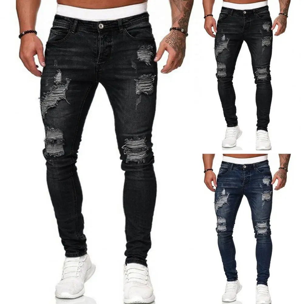 Vaqueros ajustados para hombres  Pantalones vaqueros elásticos pintados ajustados rasgados desgastados plisados hasta la rodilla pantalones casuales de marca para hombre