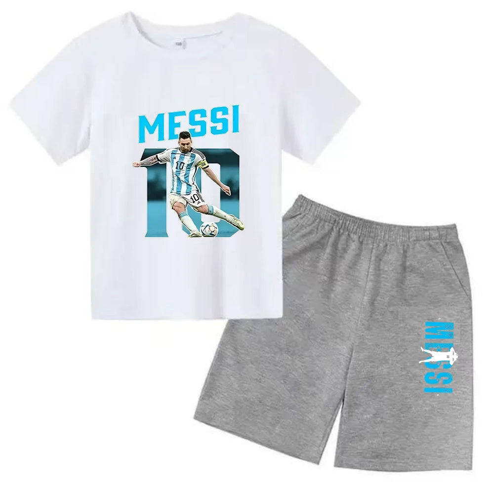 Conjunto de verano para niños, camiseta de manga corta con estampado Messi + Pantalones cortos, conjunto de 2 uds., traje deportivo informal a la moda para niños y niñas, ropa para fanáticos