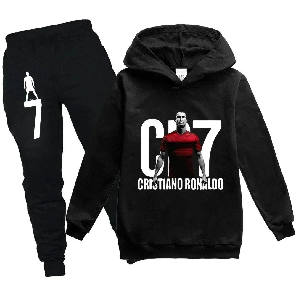 Conjunto de Sudadera con Capucha y Pantalones con Estampado de Fútbol CR7 para Niños de 3 a 12 Años, Primavera-Otoño, 2 Piezas, Conjunto Infantil, Trajes de Pantalones, Ropa para Niños