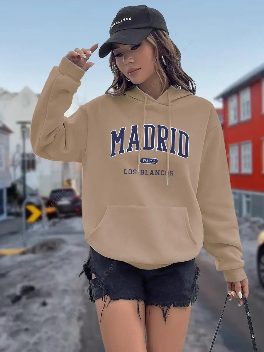 Sudadera con Capucha para Mujer con Estampado de Letras MADRID, Otoño Invierno, Tops de Alta Calidad, Sudadera Estética, Camisa con Capucha, Ropa Holgada para Mujer
