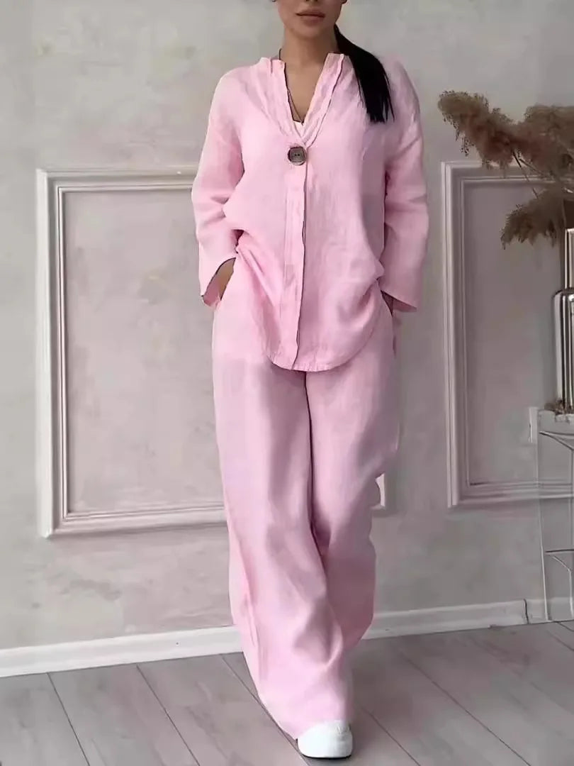 Conjuntos de lino y algodón, dos piezas, venta informal, manga larga, blusa holgada con botones, camisa y pantalones sueltos de pierna ancha de alta elasticidad, trajes NMD-3021