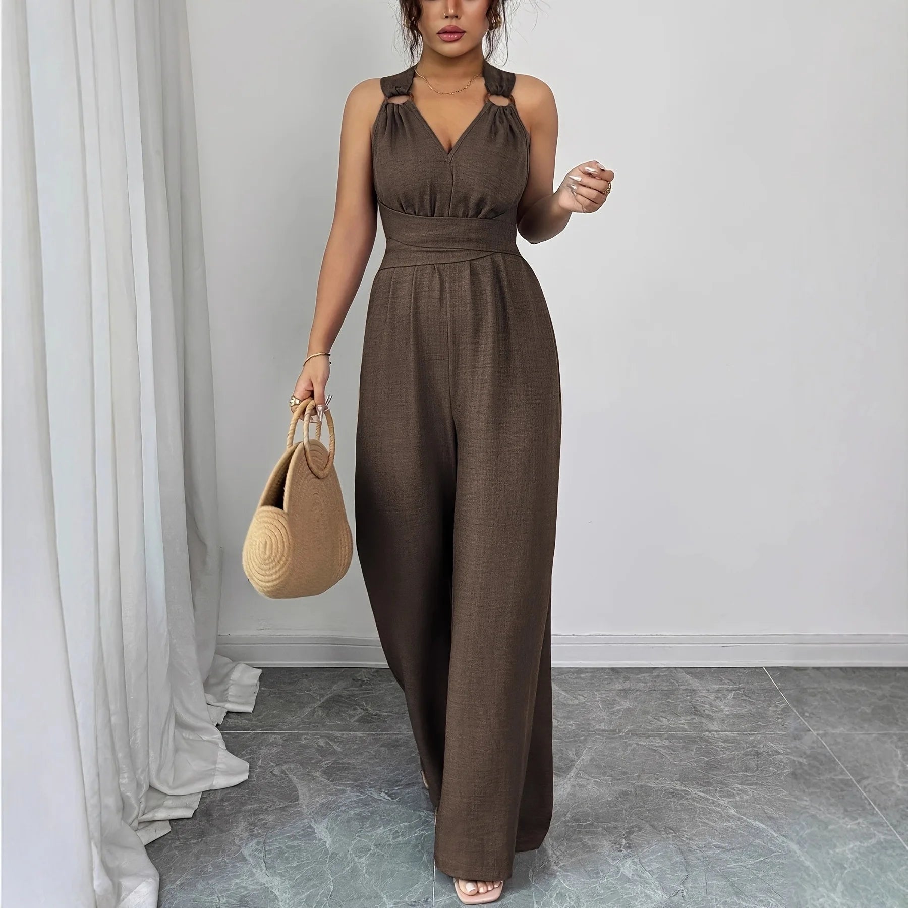 Monos para mujer 2026: Novedades en moda, sexy, con cuello en V, espalda descubierta, cinturón cruzado y pierna ancha. Ropa de mujer.