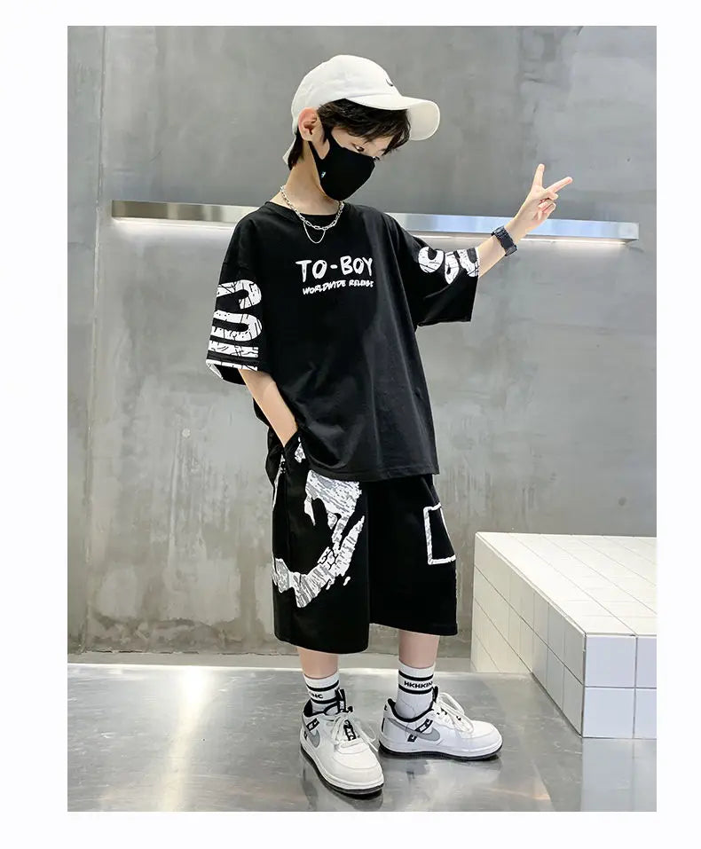 Conjunto de ropa deportiva informal para niños, camisetas de 2 piezas y pantalones, trajes de 3 a 14 años, estilo Hip Hop, moda de verano