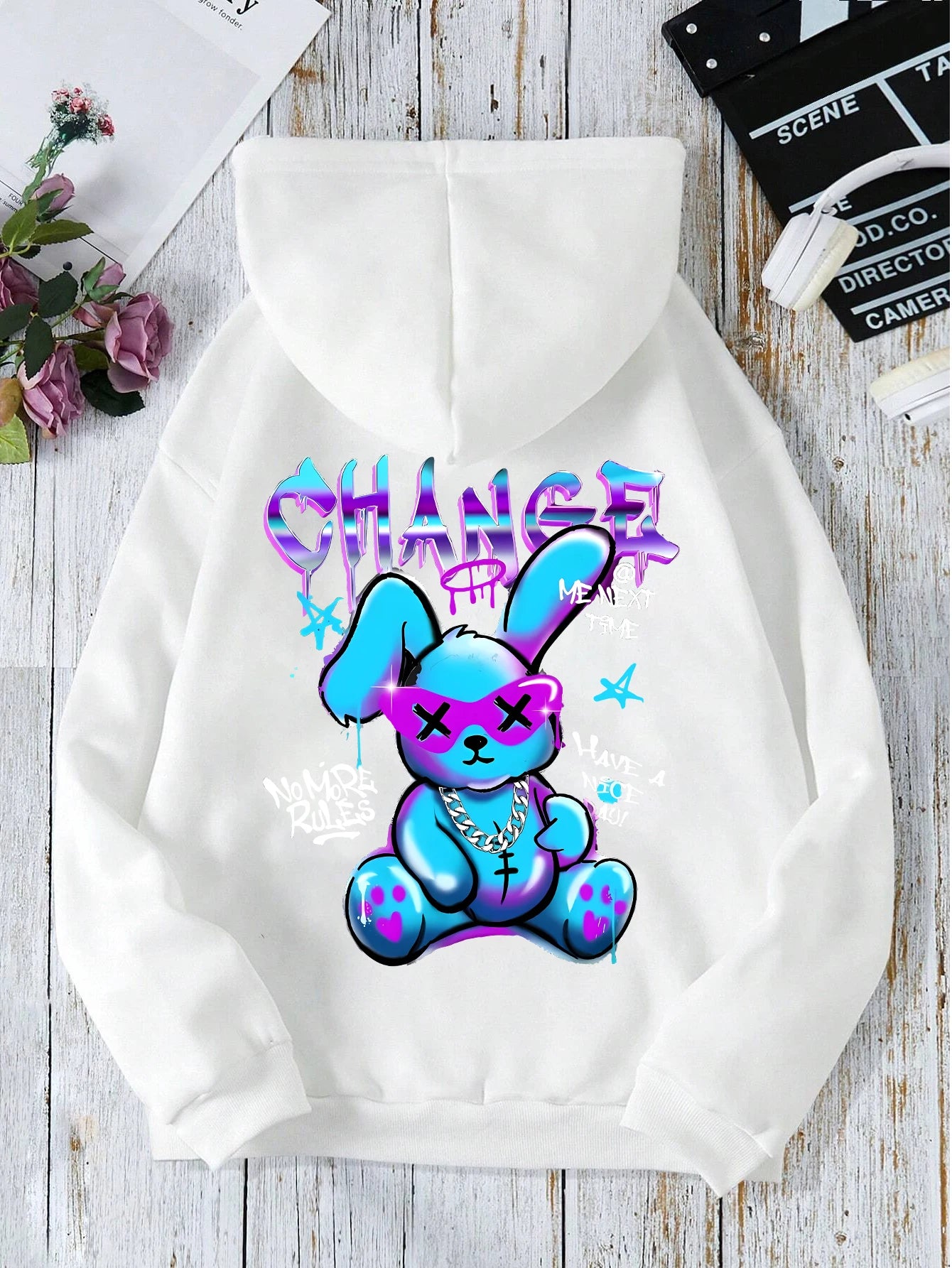 Sudadera con estampado de dibujos animados de conejo para mujer, Sudadera con capucha de calle que combina con todo, sudaderas informales con cuello redondo, jersey, ropa de gran tamaño