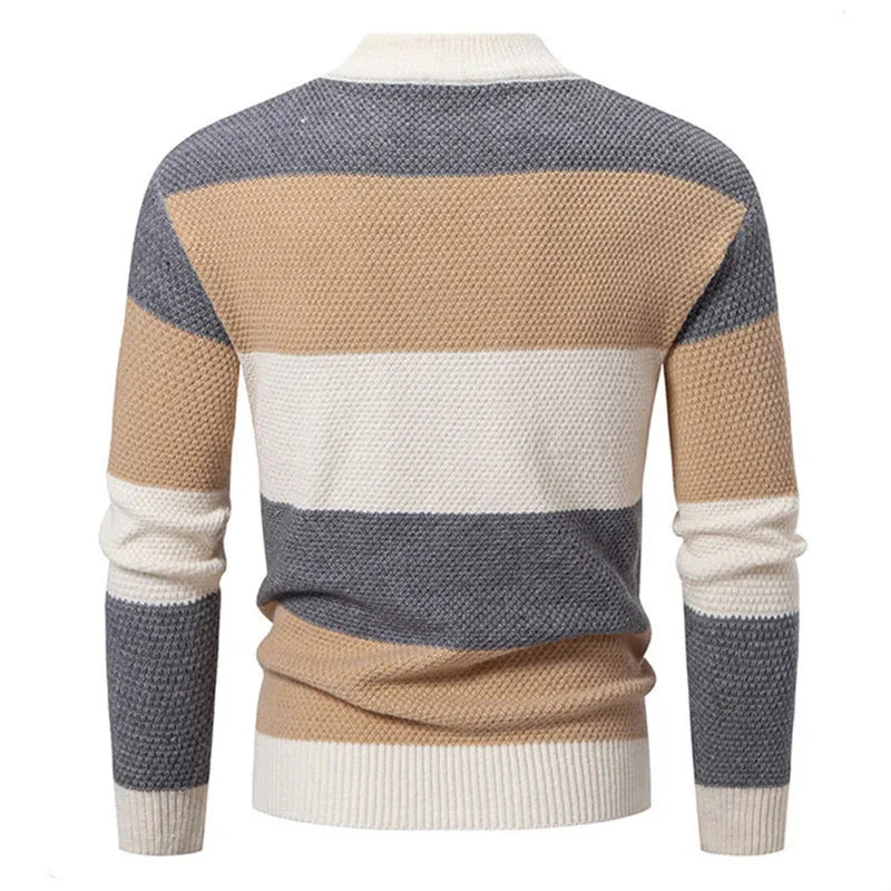 Suéter de punto de retales a la moda para hombre, jerséis de punto de manga larga con cuello simulado para otoño e invierno, suéter informal de vitalidad juvenil para hombre