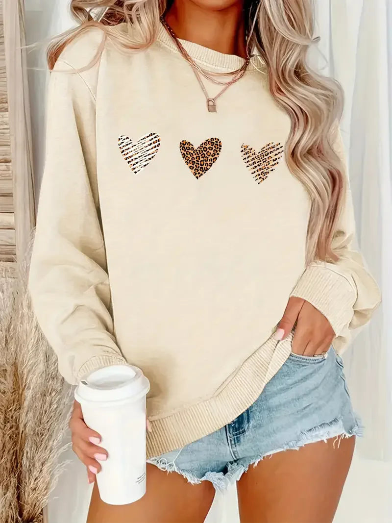 Sudadera con capucha con estampado de corazón de leopardo, sudadera informal de manga larga con cuello redondo para otoño e invierno, ropa de mujer