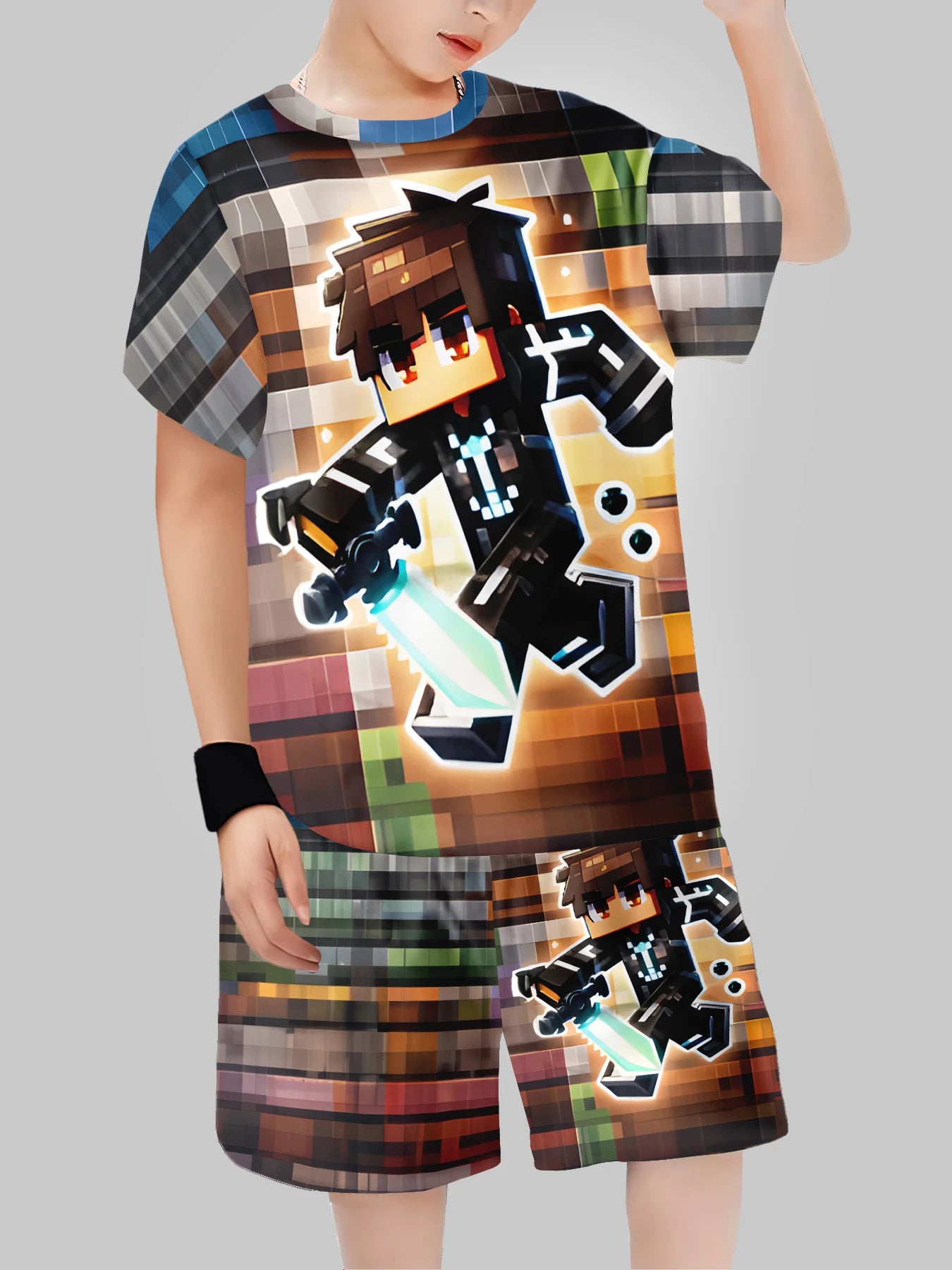 Nuevo bloque hombre Impresión Digital ropa transfronteriza para niños pantalón corto Casual Camiseta de manga ropa para niños