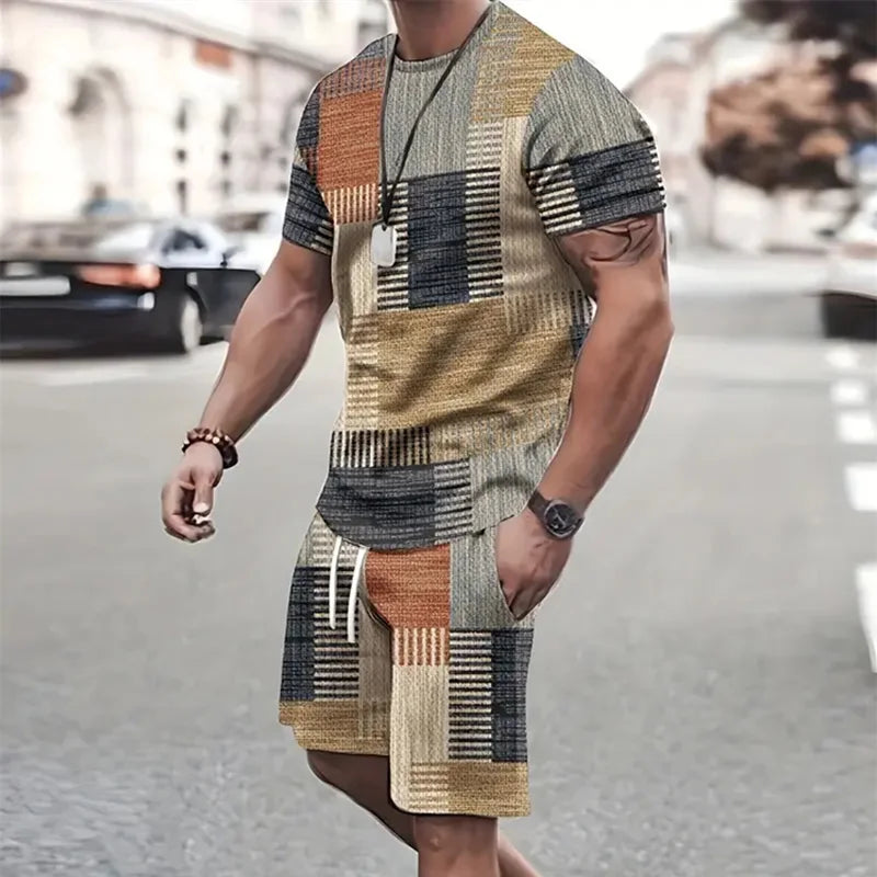 2024 de moda para hombre, ropa deportiva, camiseta de manga corta y pantalones cortos deportivos de verano, traje de retazos Vintage Casual, traje de dos piezas para hombre