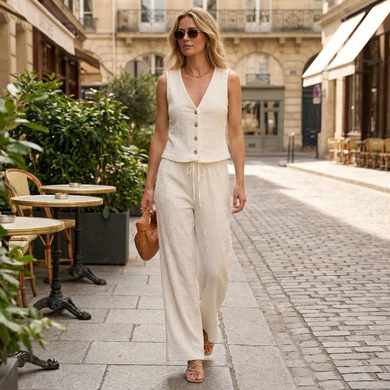 Willshela, conjunto de 2 piezas a la moda para mujer, camisetas sin mangas lisas con una botonadura y pantalones Vintage de cintura alta elástica, traje de pantalones elegantes para mujer