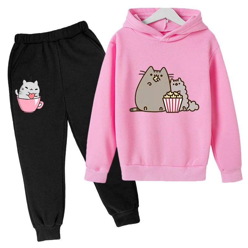 Sudadera con capucha con estampado de gato de Nutella para niños, ropa divertida para niñas y niños, conjuntos de ropa Harajuku Kawaii para niños, Invierno