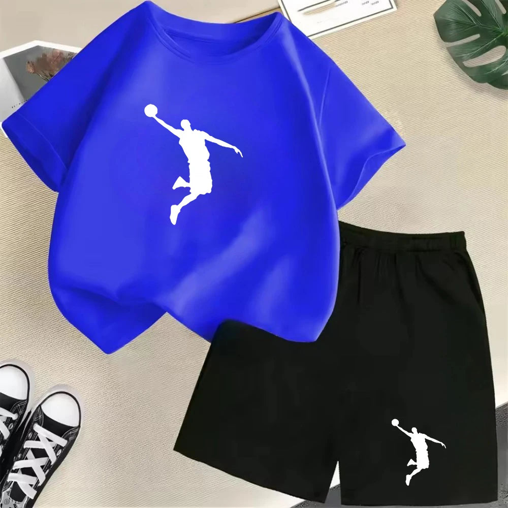 Conjunto de camiseta de manga corta de verano para niños, moda deportiva, pantalones cortos para niños y niñas, conjunto informal de 2 uds con estampado de gráficos de marca, conjunto para chico