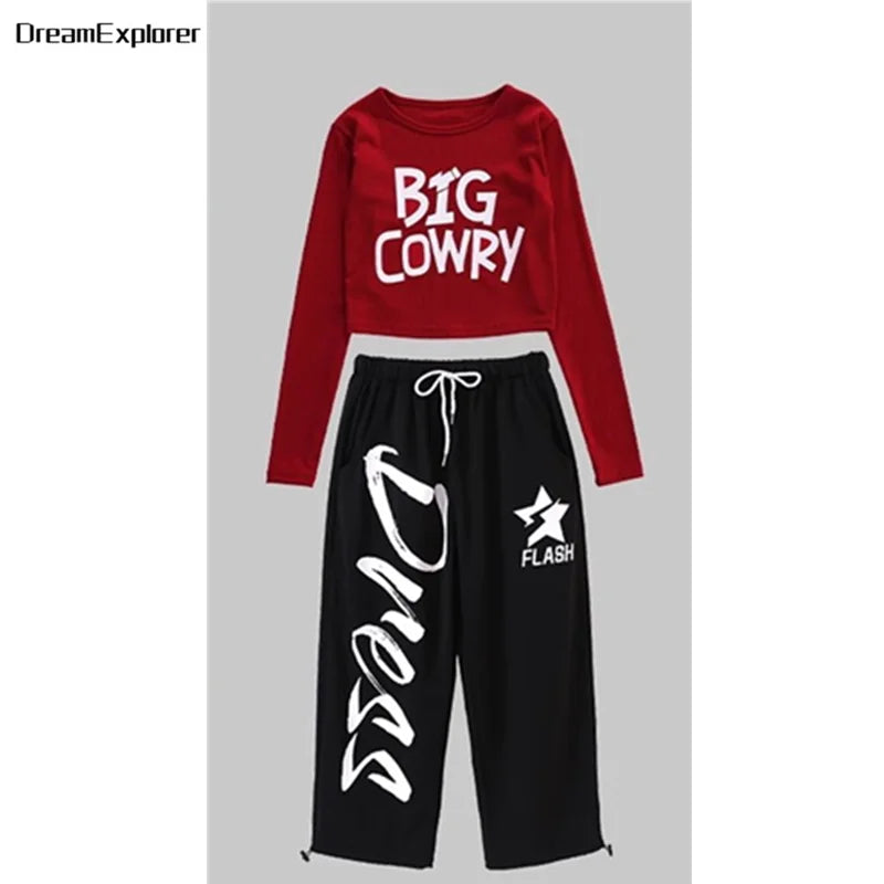 Top corto k-pop para niñas, pantalones deportivos con letras a la moda, conjuntos de ropa de grupo para niñas, ropa informal estilo Hip Hop, disfraces de Jazz para niños