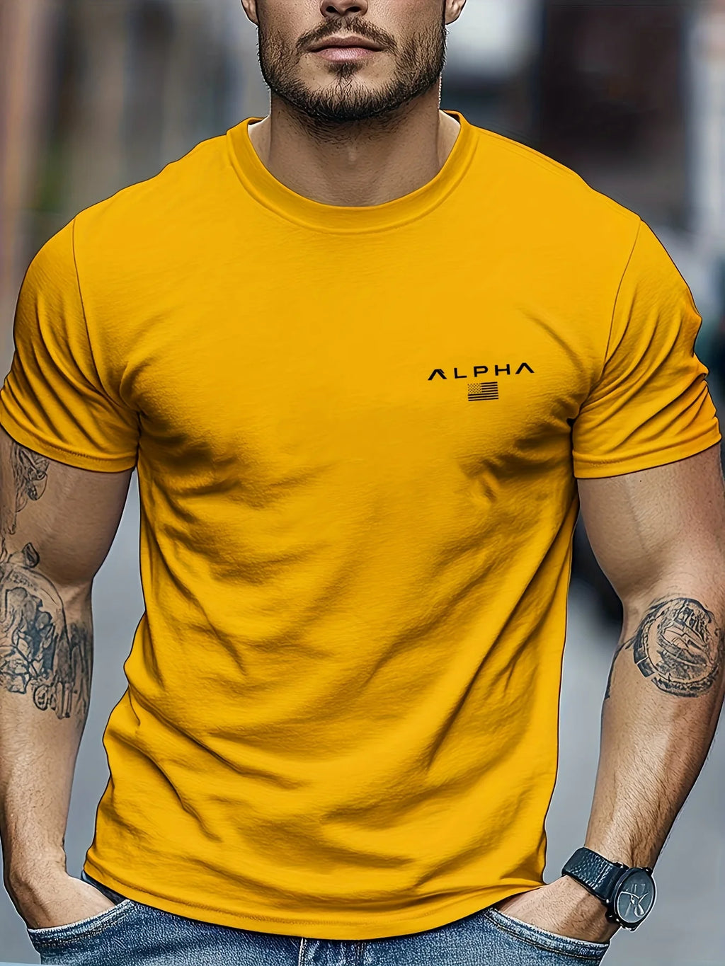 Camiseta de manga corta con cuello redondo y estampado de patrón ALPHA para hombre, 100% de algodón, informal, a la moda, deportiva, holgada, de verano