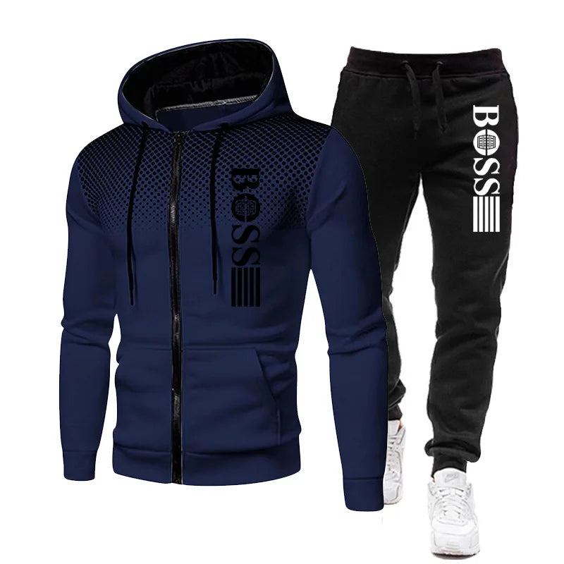 2025 Nueva sudadera con capucha con cremallera para hombre + conjunto de pantalones casuales para moda de otoño e invierno Ropa deportiva cálida y conjunto de dos piezas