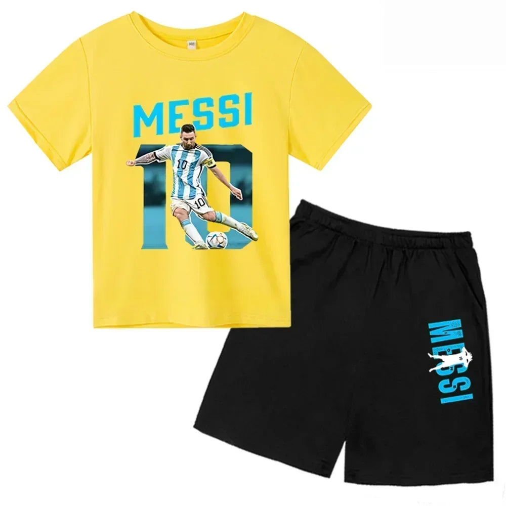 Conjunto de verano para niños, camiseta de manga corta con estampado Messi + Pantalones cortos, conjunto de 2 uds., traje deportivo informal a la moda para niños y niñas, ropa para fanáticos
