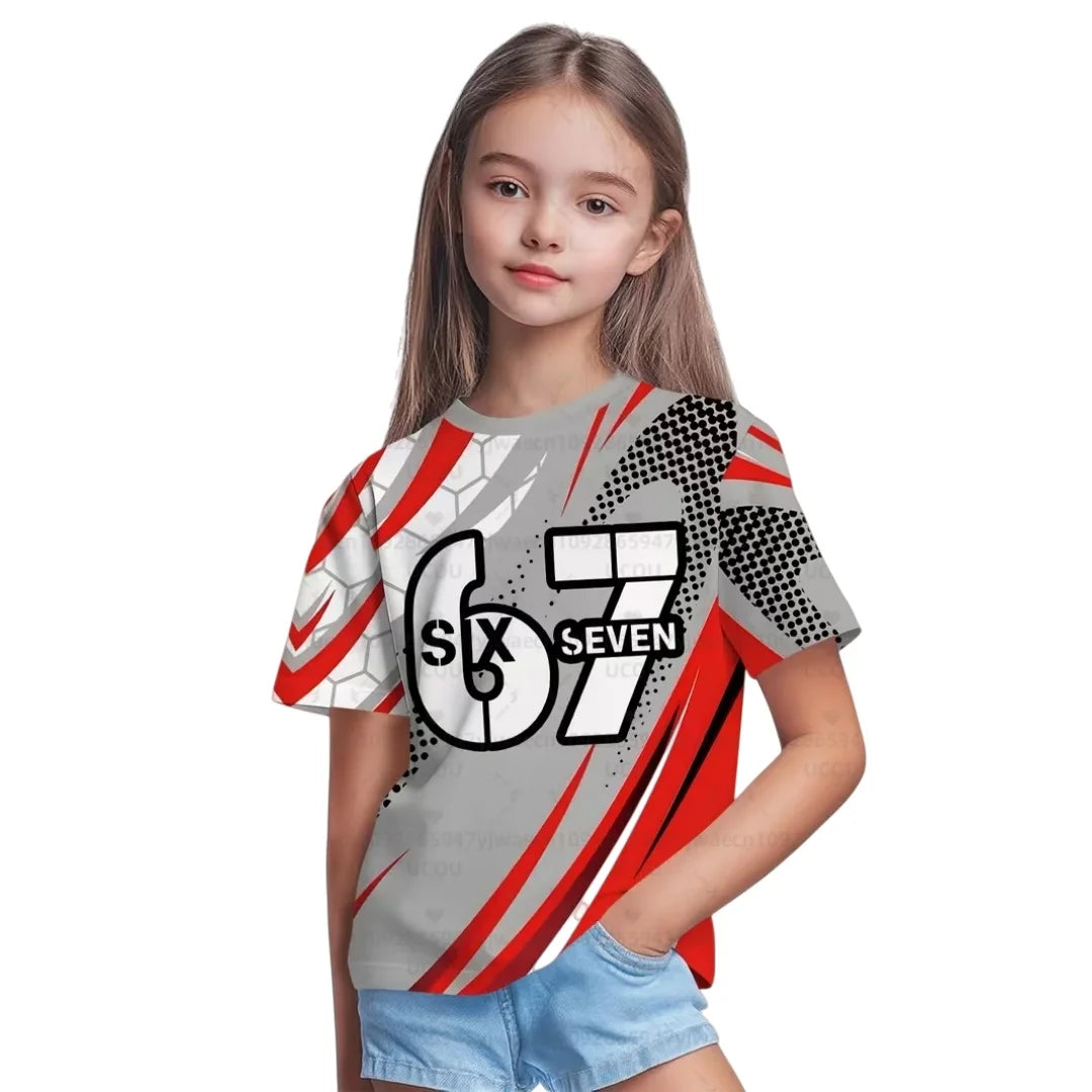 Nueva camiseta 67 Meme para niños y niñas, camisetas de manga corta con estampado 3D de tinta salpicada a la moda para niñas, Top de cuello redondo, ropa holgada para niños