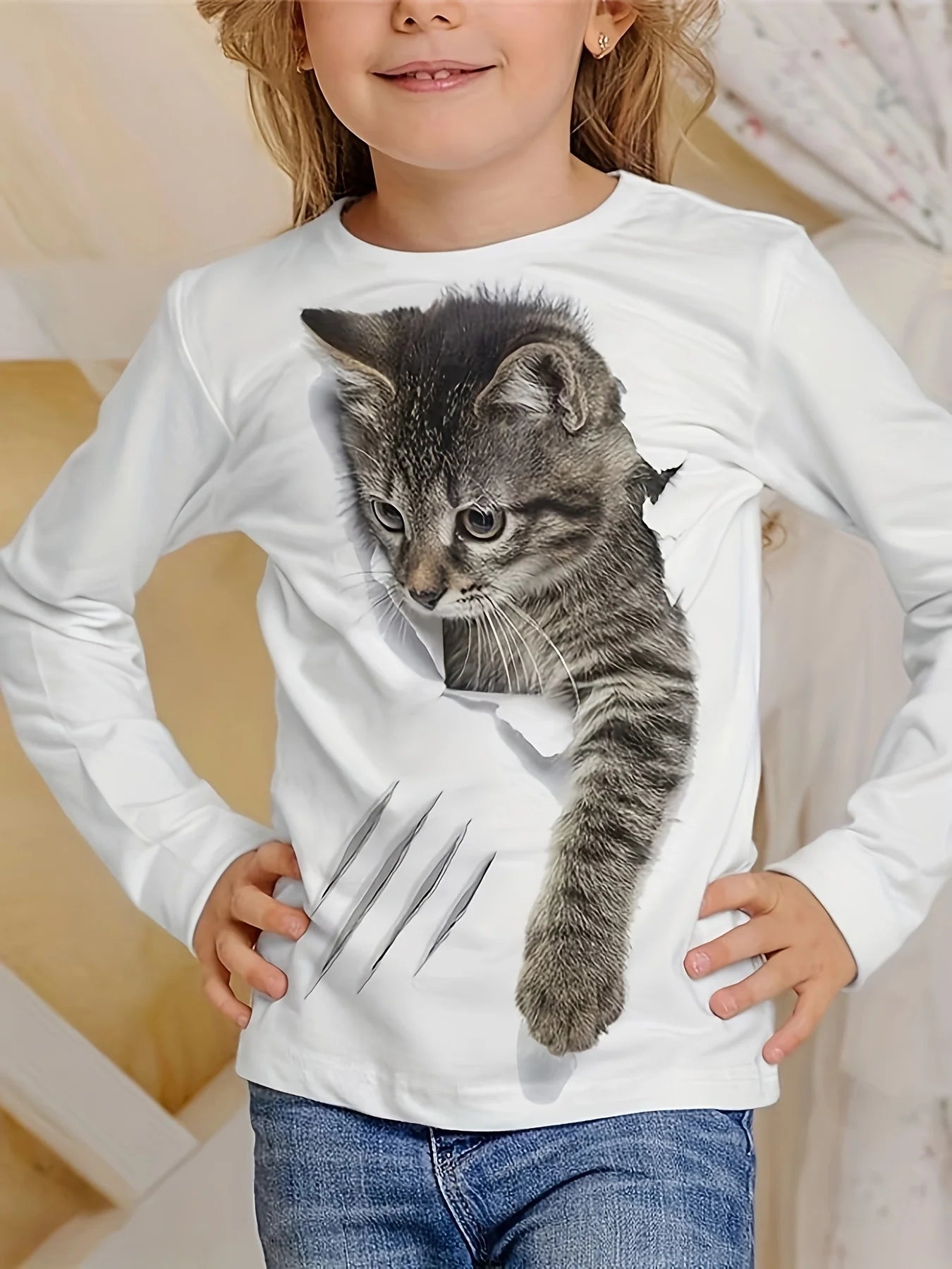 Camiseta de manga larga para niños y niñas, ropa informal con estampado de gato y cuello redondo de dibujos animados, Verano