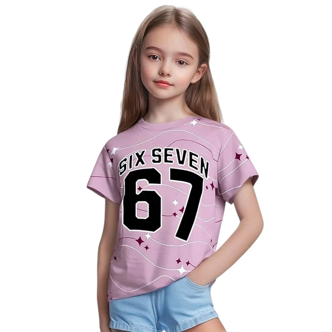 Nueva camiseta 67 Meme para niños y niñas, camisetas de manga corta con estampado 3D de tinta salpicada a la moda para niñas, Top de cuello redondo, ropa holgada para niños