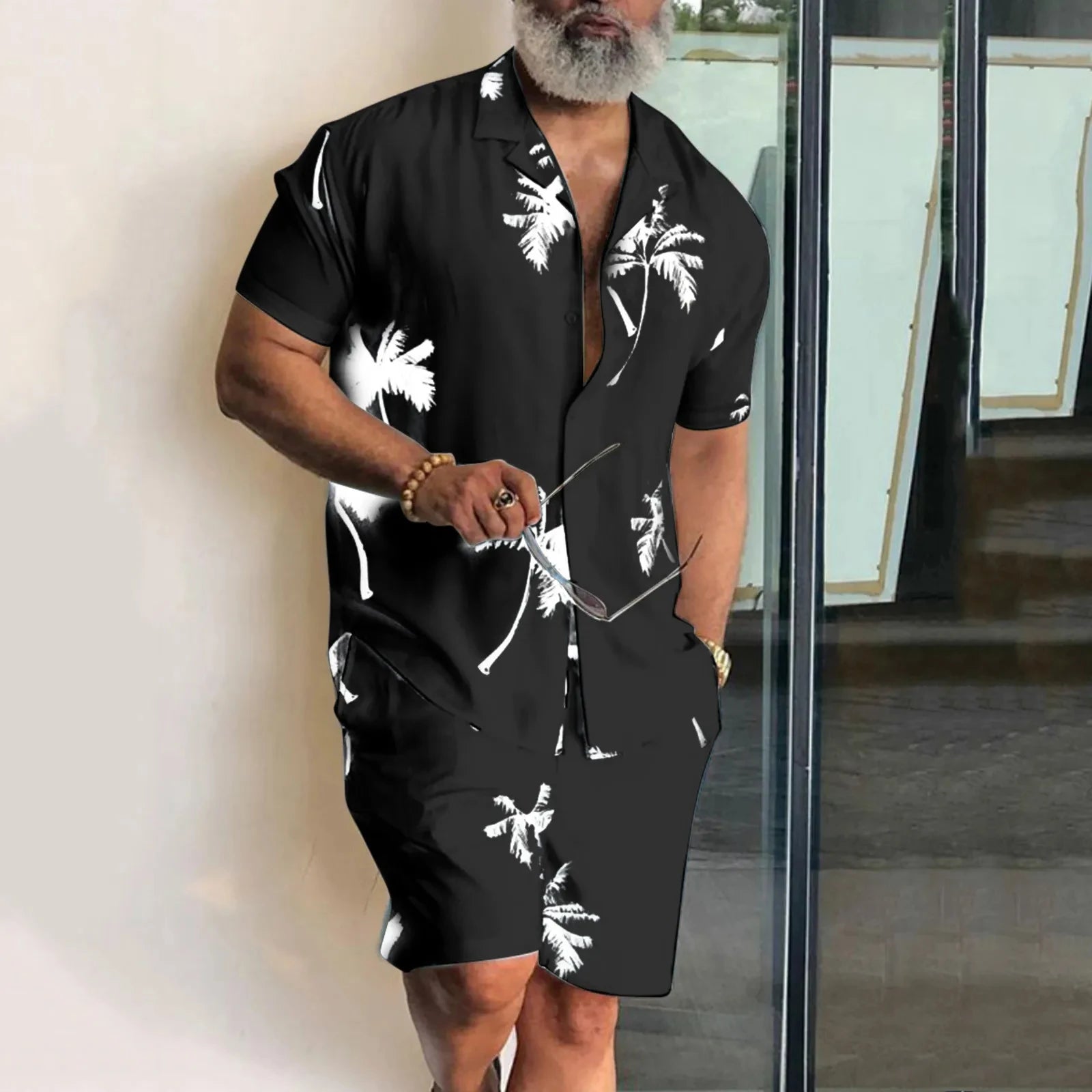 Conjunto Hawaiano 3D Árbol de Coco Hombre | Camisa y Pantalón Corto