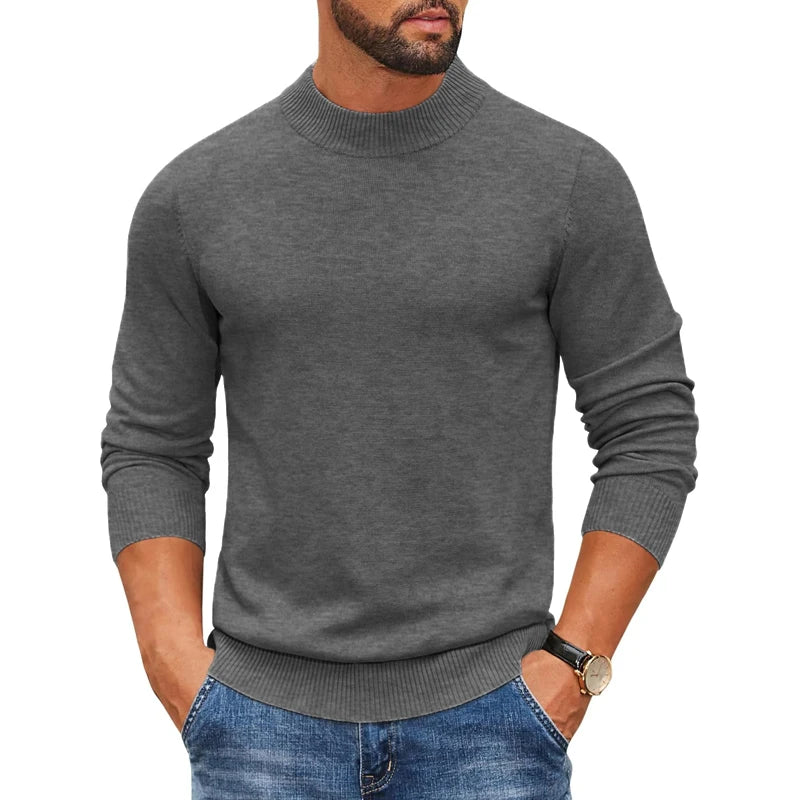 Jersey de punto acanalado con cuello alto simulado para hombre, suéter informal ajustado y pesado, jersey cálido, ropa de calle térmica