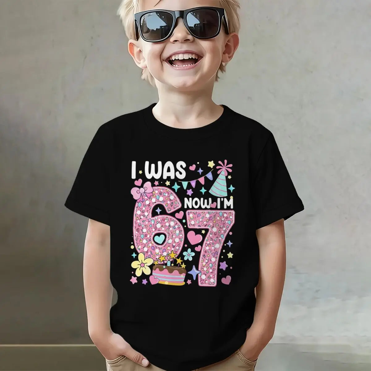 Camiseta para niñas con estampado de números, de algodón, de manga corta y cuello redondo, para el séptimo cumpleaños, con la frase 'I Was 6 Now I'm 7', para niñas de 7 años