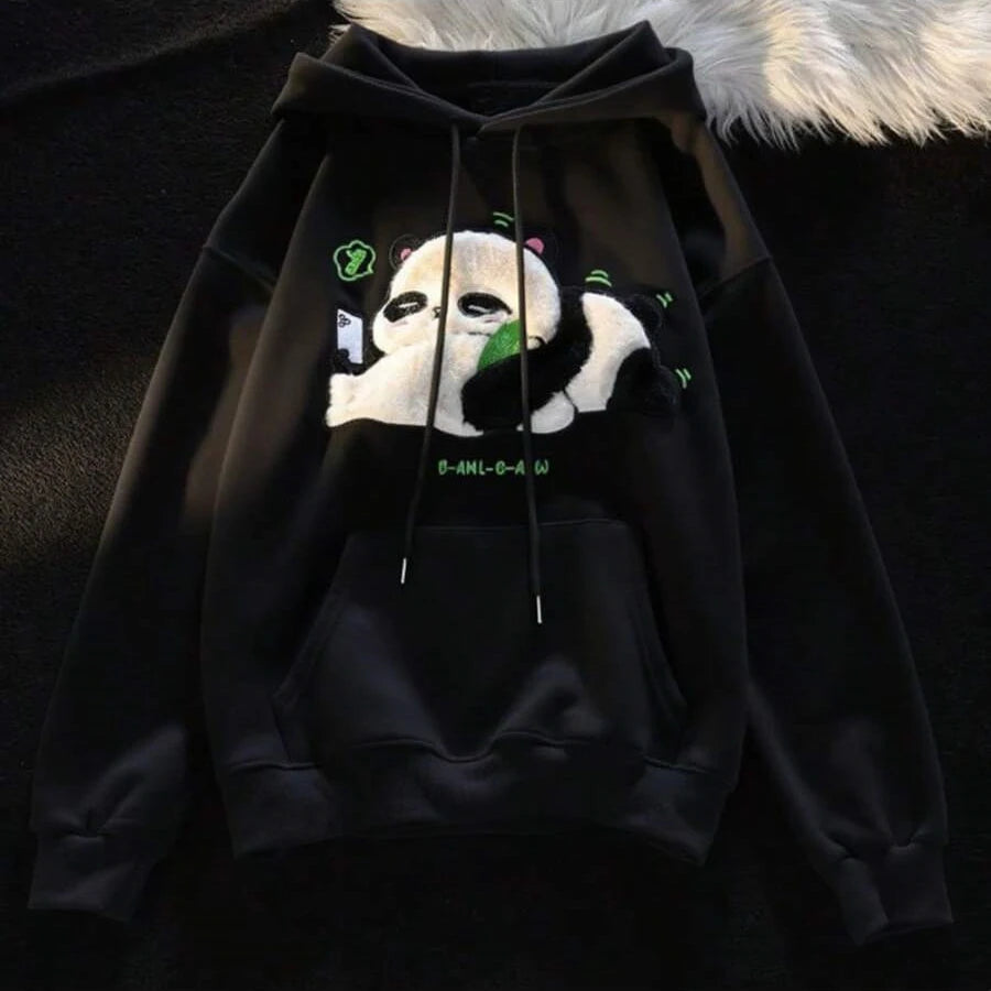 Sudaderas con capucha de retales de gato de dibujos animados con bordado aterciopelado Kawaii japonés, sudadera holgada de calle con bolsillo de canguro grueso, Top que combina con todo