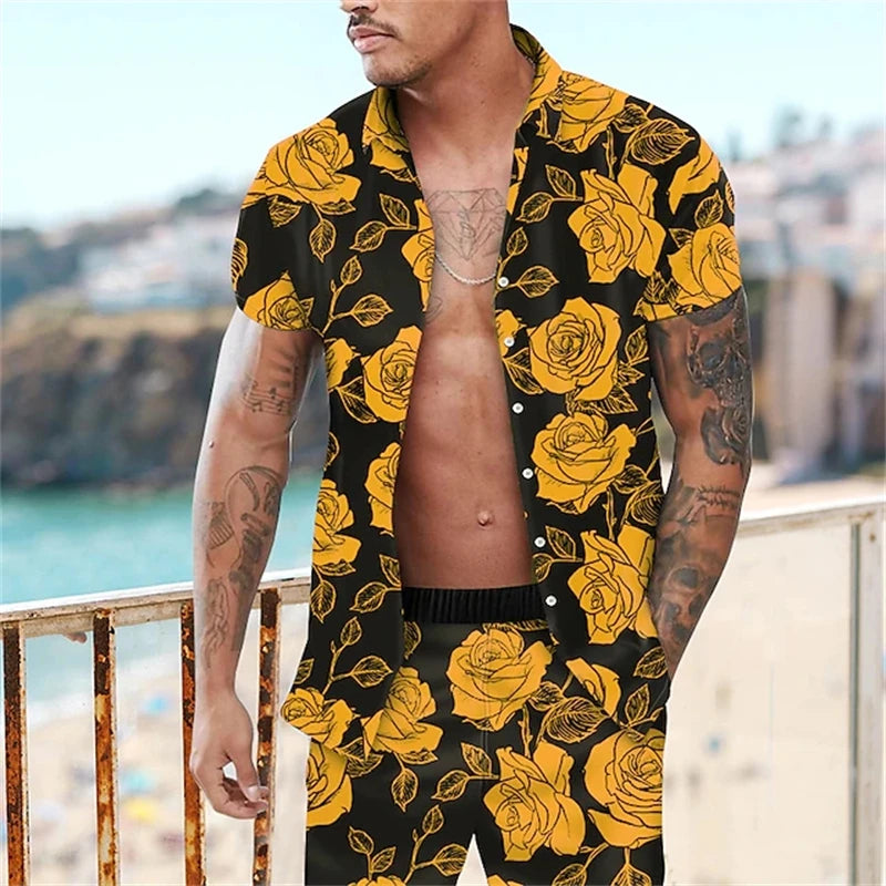 Camisa de manga corta de estilo de vacaciones de playa, conjunto de 2 piezas con estampado de árbol de coco de verano, camisa de un solo botonadura y pantalones cortos con cordón