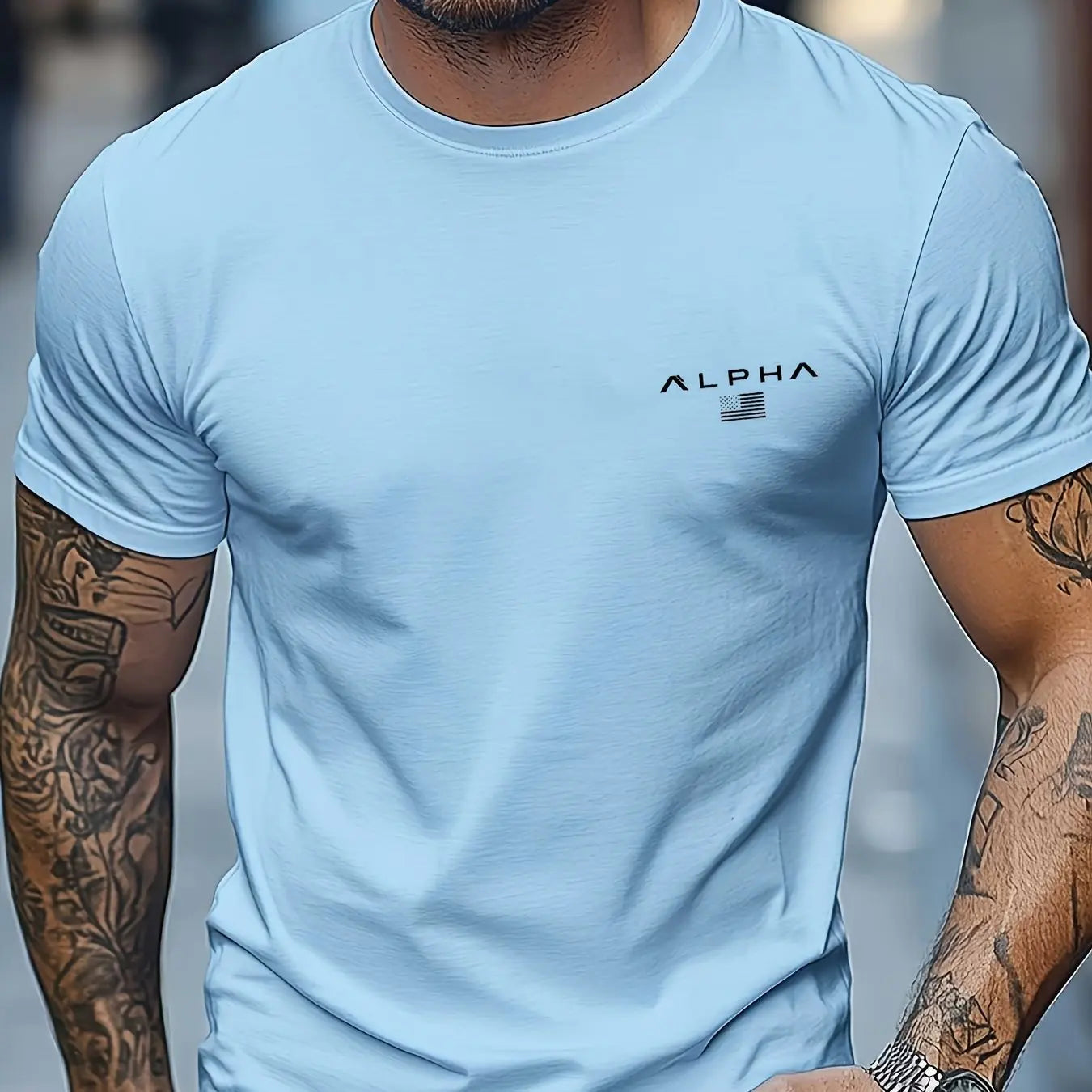 Camiseta de manga corta con cuello redondo y estampado de patrón ALPHA para hombre, 100% de algodón, informal, a la moda, deportiva, holgada, de verano