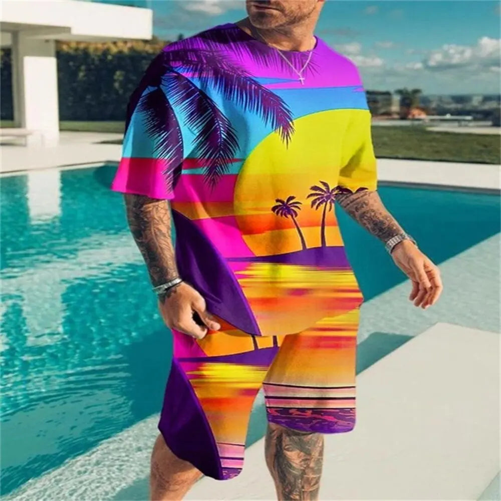 Conjuntos de camisetas y pantalones con estampado 3D de estilo Hawaiano, ropa deportiva a la moda para hombre, camiseta de manga corta de gran tamaño, conjunto de pantalones, trajes para hombre, ropa