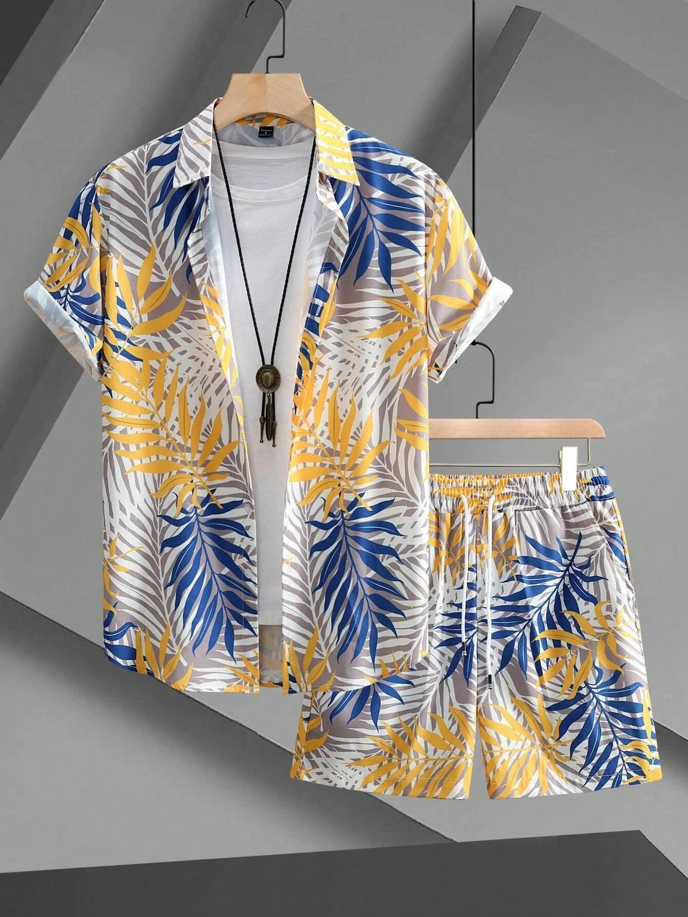 2024 conjuntos de hombre con estampado de retazos y solapa, camisa informal de manga corta, pantalones cortos de playa, ropa de calle de verano, trajes Hawaianos para S-5XL